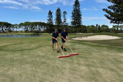 Hand‑brooming-topdressing-on-The-Pines-golf-course